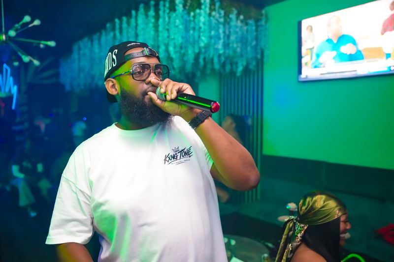 The host on the mic